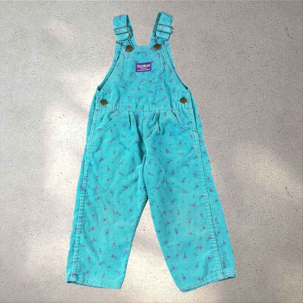 Vintage OSHKOSH 2T Floral All Over Print B'Gosh Corduroy Vestbak Overalls USA